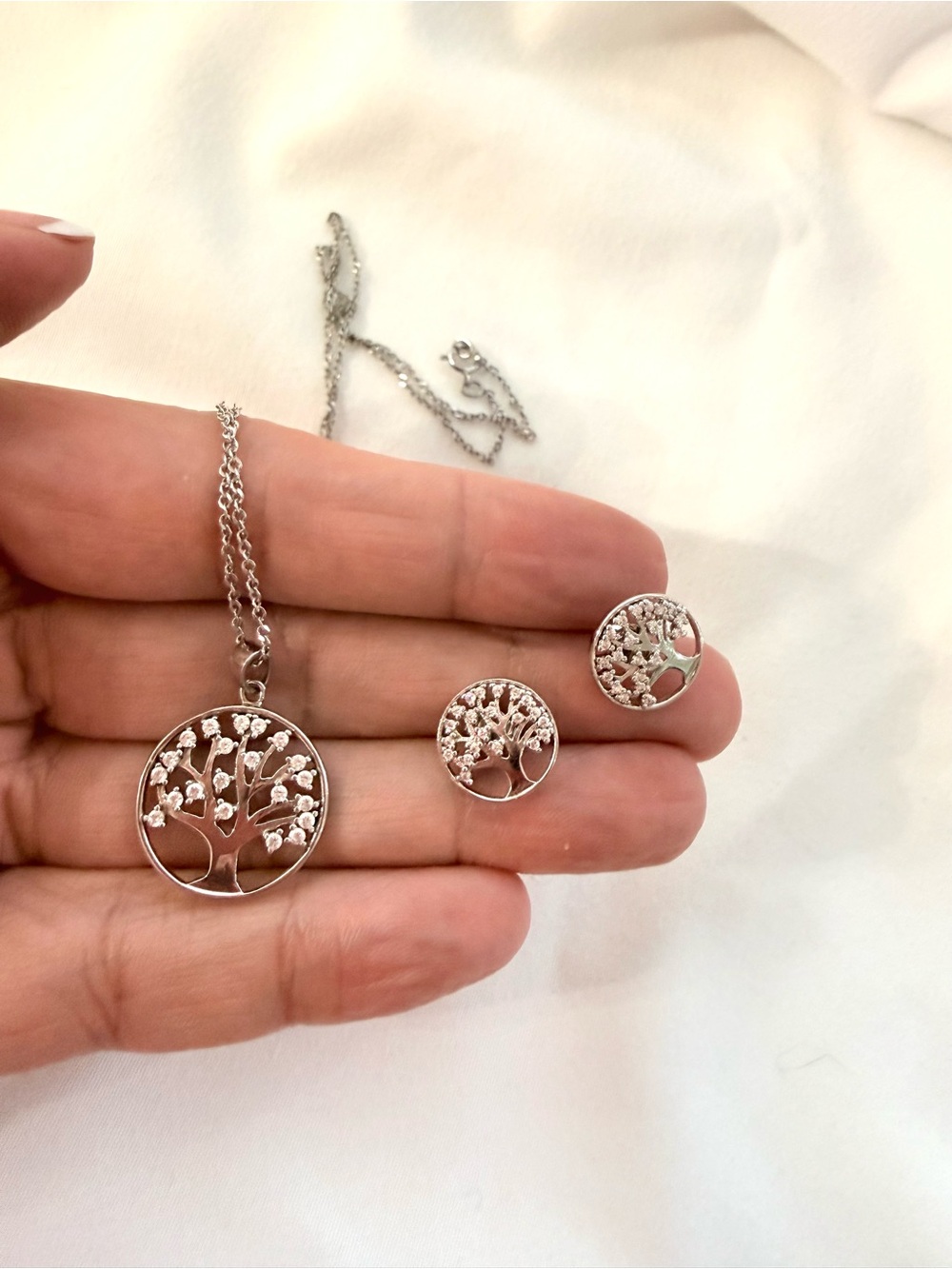 Sterling Silver Tree of Life Necklace and Stud Earrings Set - Sterling Silver